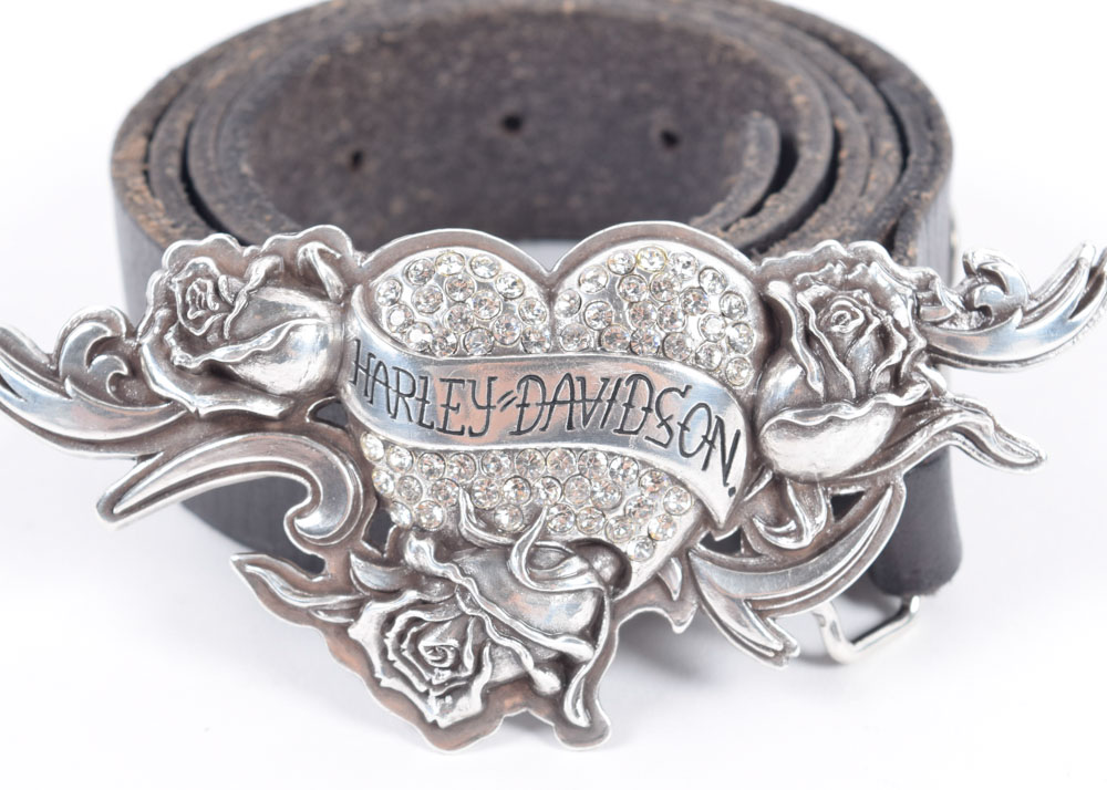 Harley-Davidson Black Leather Belt with Rhinestone Encrusted Belt Buckle