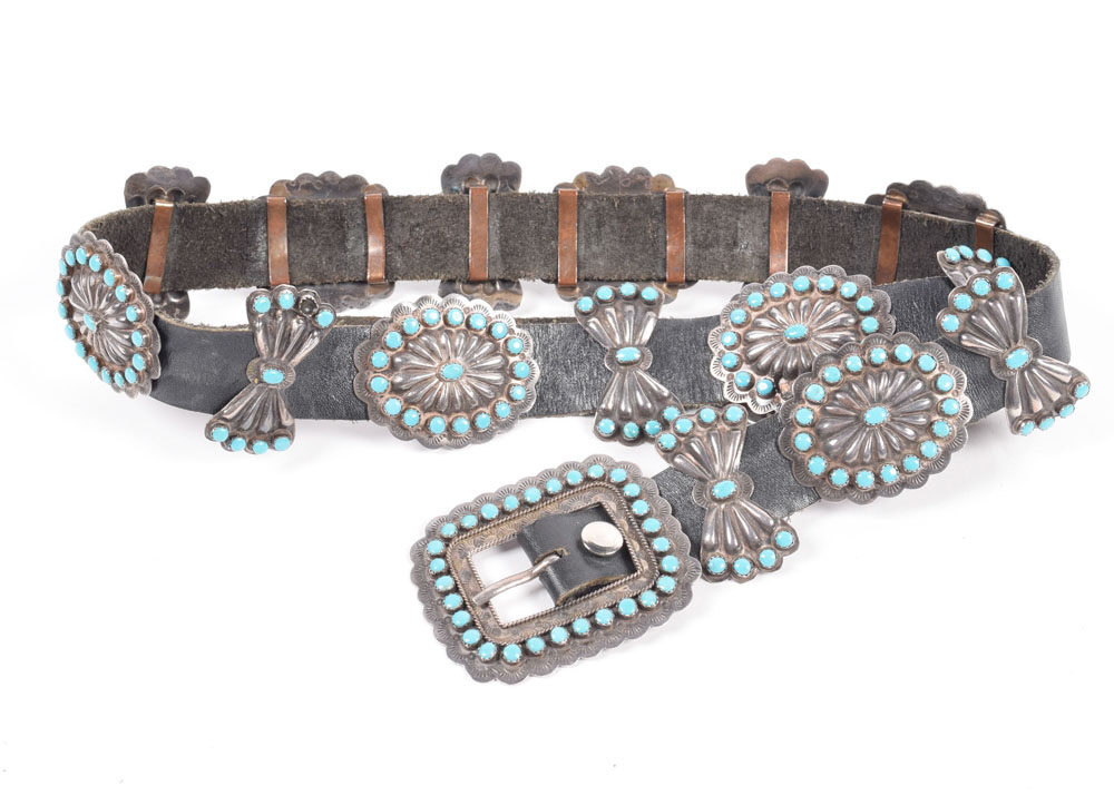 Vintage Victor Moses Begay Signed Native American Navajo Silver and Turquoise Concho Leather Belt