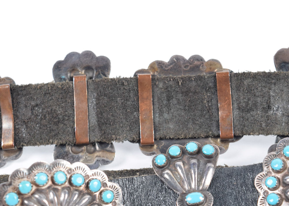 Vintage Victor Moses Begay Signed Native American Navajo Silver and Turquoise Concho Leather Belt