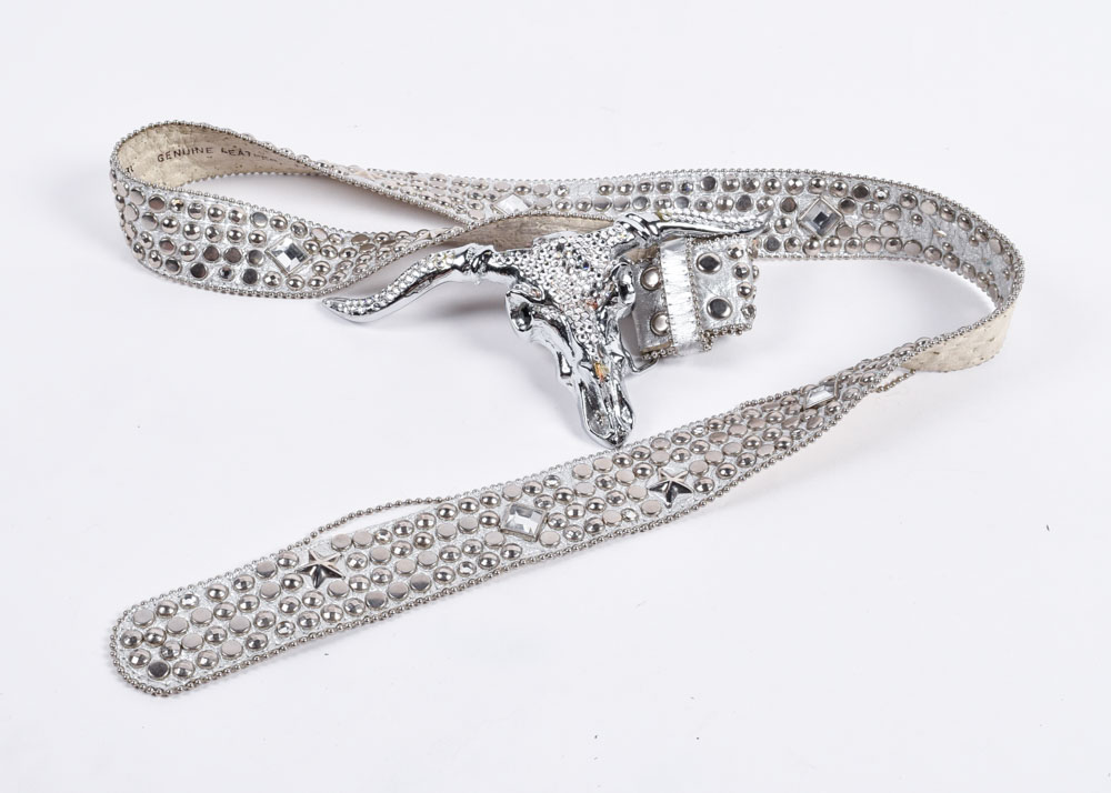 Studded Rhinestone Belt With Large Longhorn Skull Baron Buckle