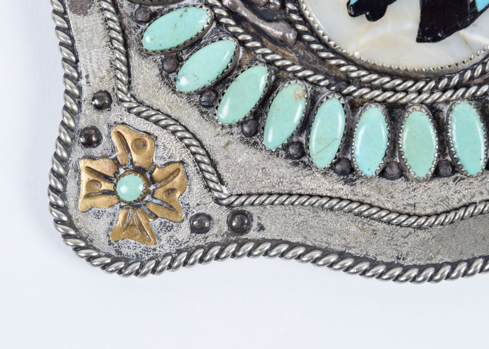 Large Handmade Native American Turquoise and Mother of Pearl Equestrian Two Tone Belt Buckle