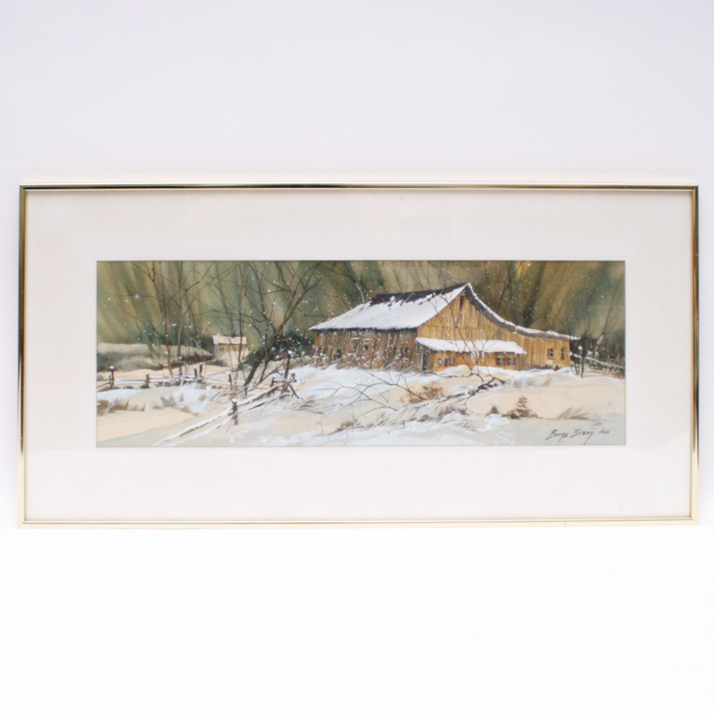 Signed Borys Buzkij Original Watercolor Winterscape