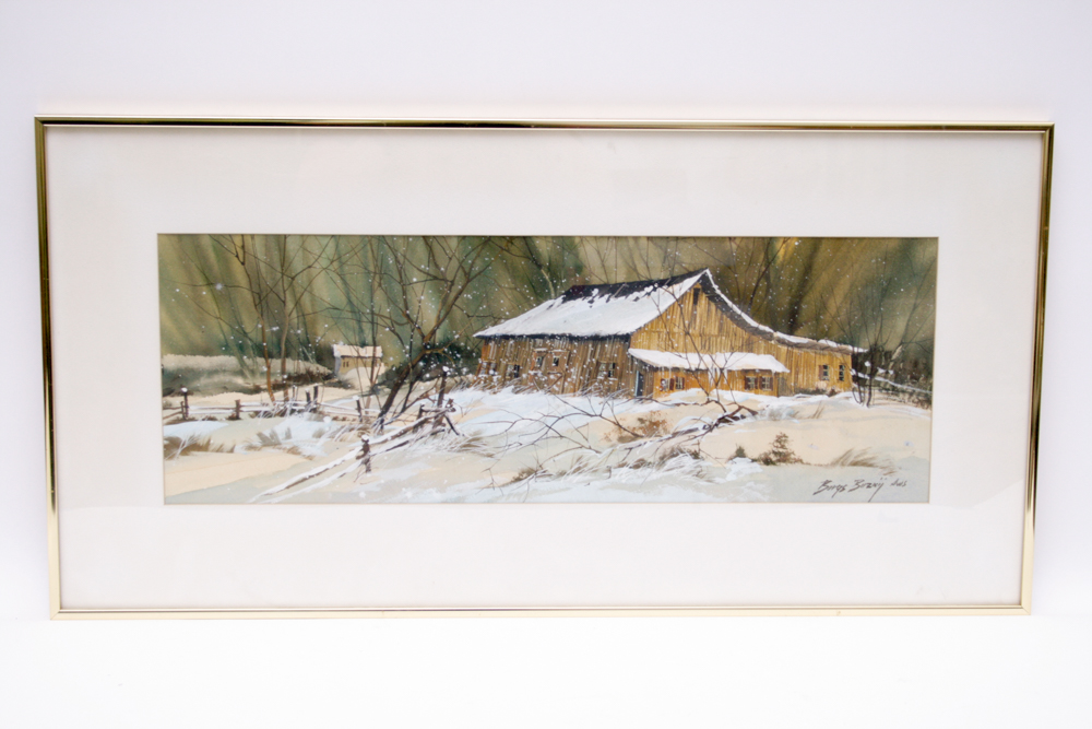 Signed Borys Buzkij Original Watercolor Winterscape
