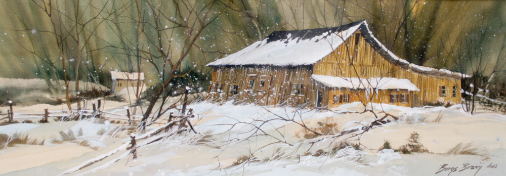 Signed Borys Buzkij Original Watercolor Winterscape