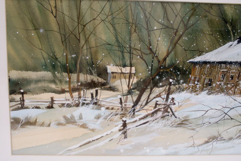 Signed Borys Buzkij Original Watercolor Winterscape