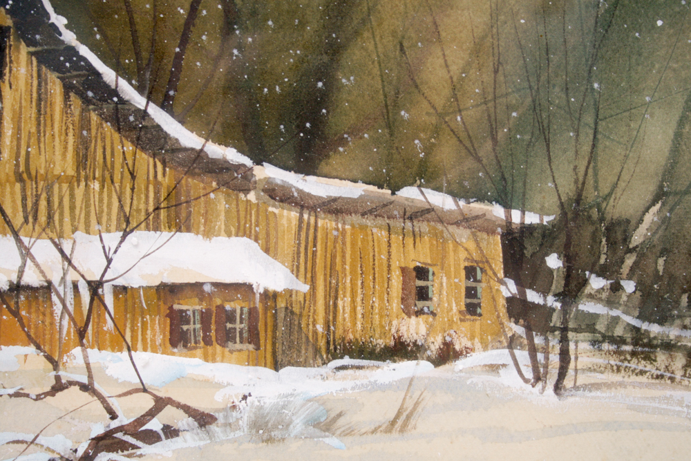 Signed Borys Buzkij Original Watercolor Winterscape