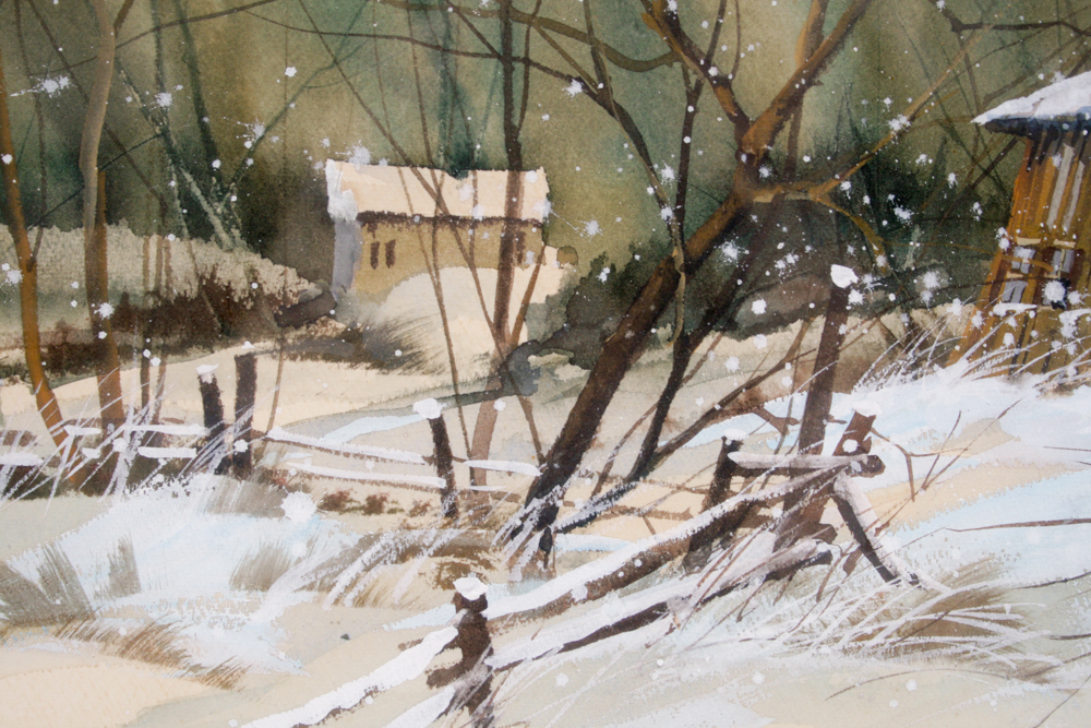Signed Borys Buzkij Original Watercolor Winterscape