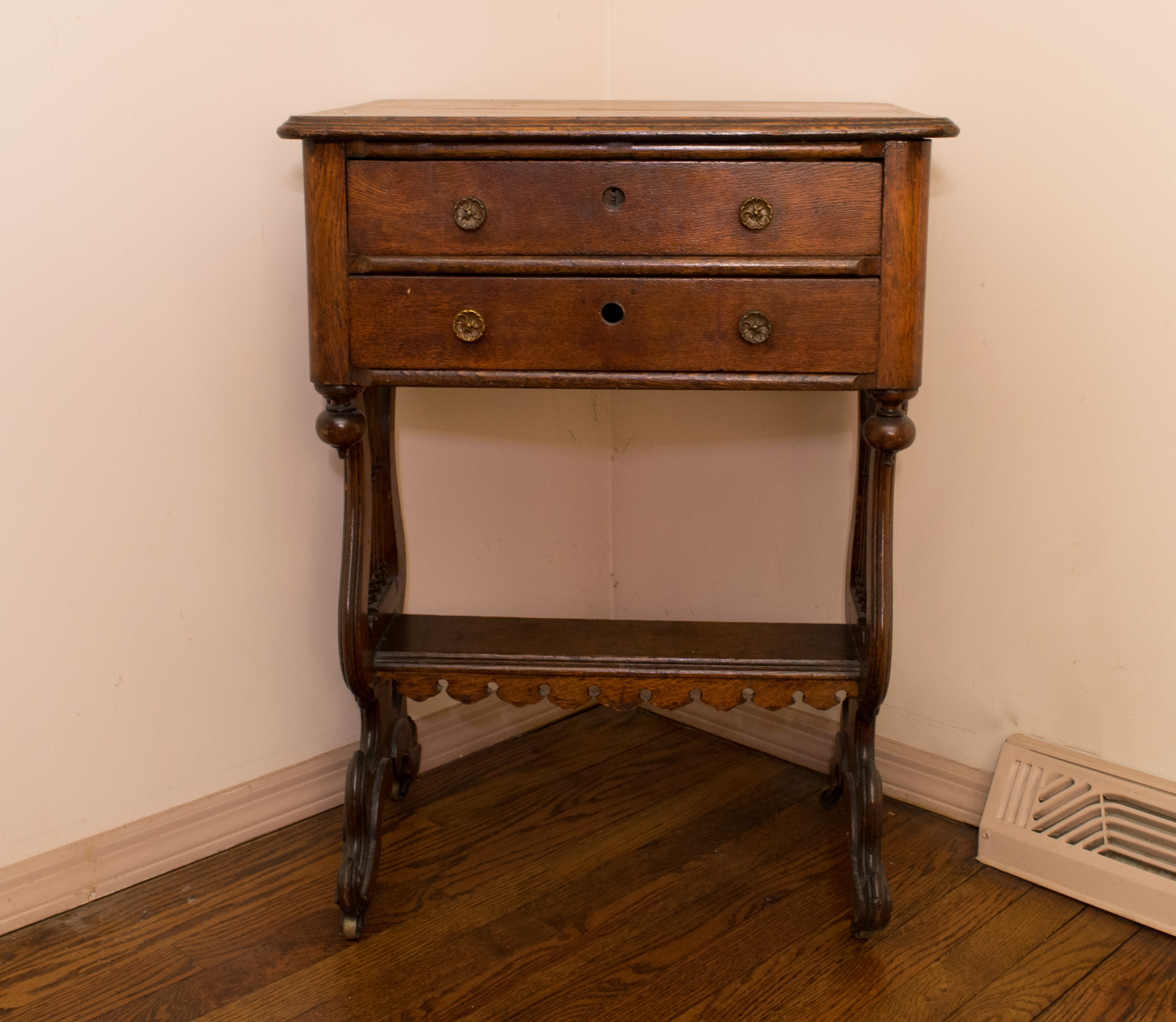 Oak Duncan Phyfe Lyre Sewing Chest Circa 1890's