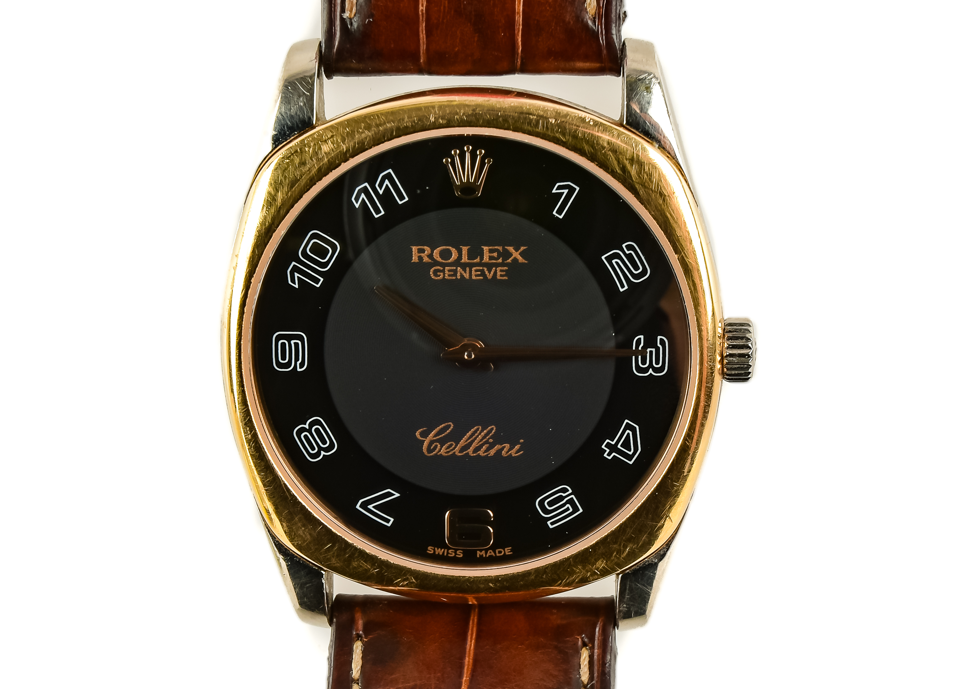 Men's Cellini Rolex Watch 18k Rose and White Gold with a Crocodile Wristband