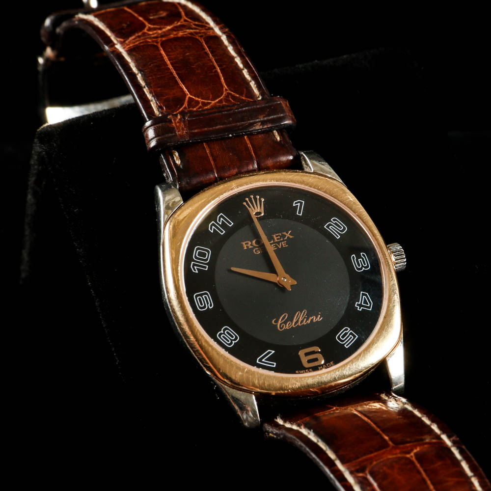 Men's Cellini Rolex Watch 18k Rose and White Gold with a Crocodile Wristband