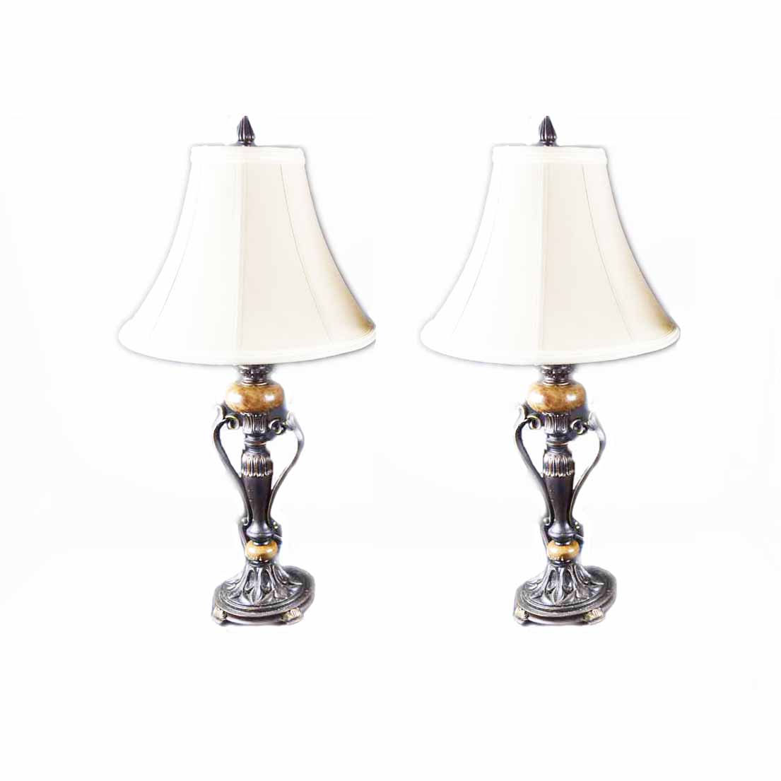 Pair of Metal Table Lamps with Marble Decoration