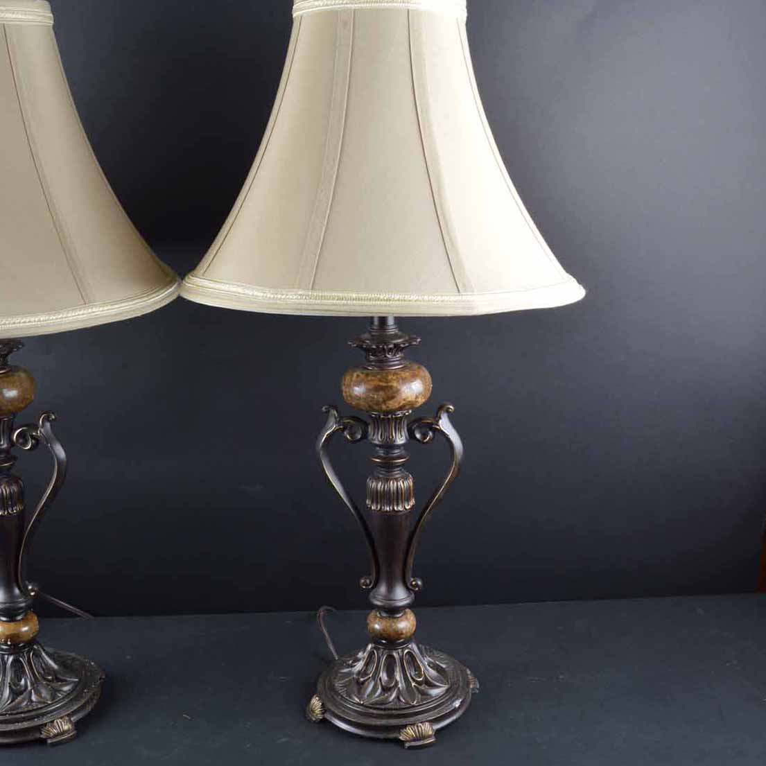 Pair of Metal Table Lamps with Marble Decoration