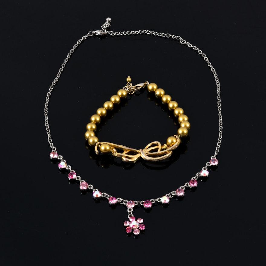 Pink Flower Necklace with Gold Tone Bow Bracelet