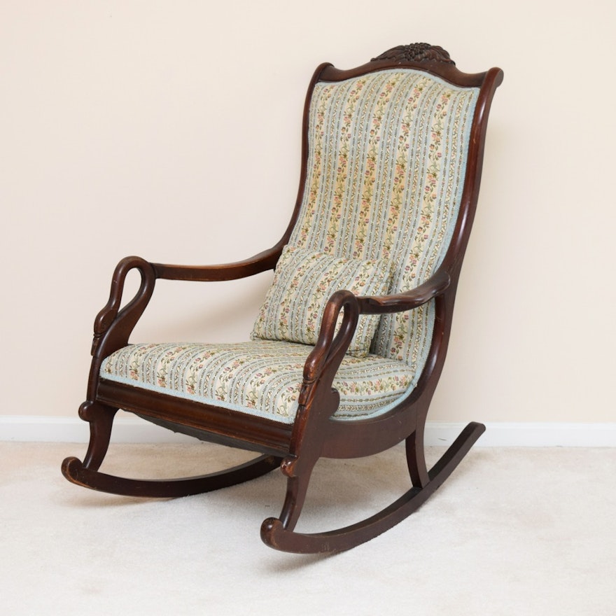 Antique Swan Neck Upholstered Rocking Chair