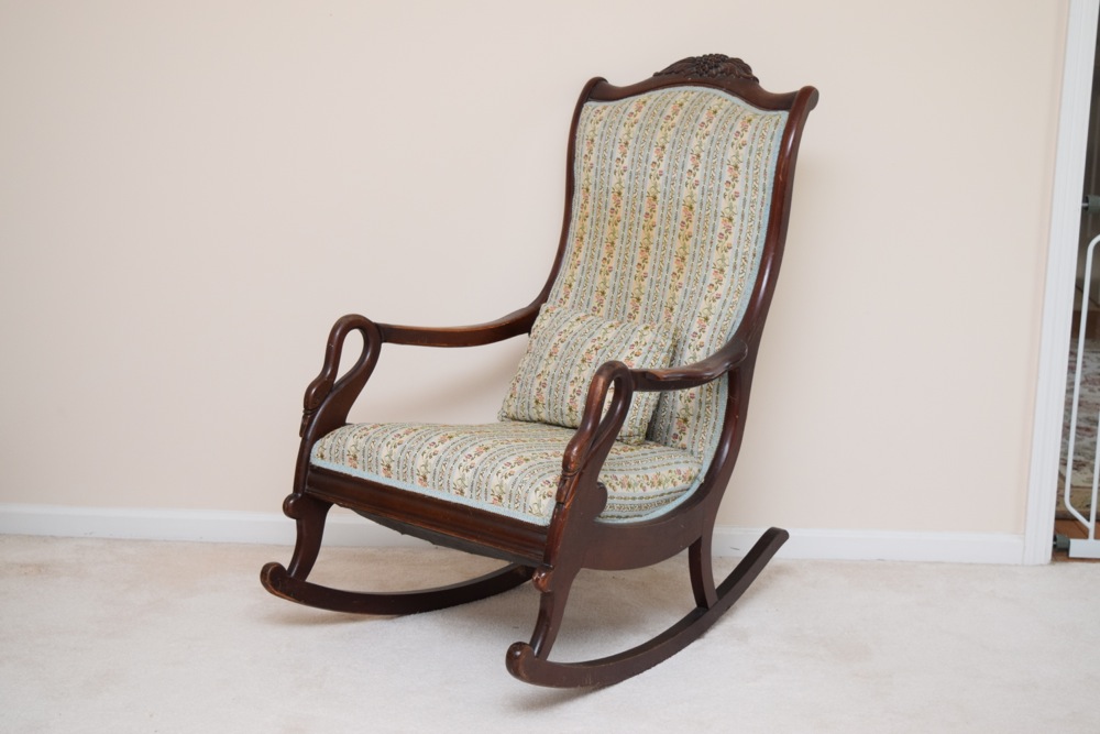 Antique Swan Neck Upholstered Rocking Chair