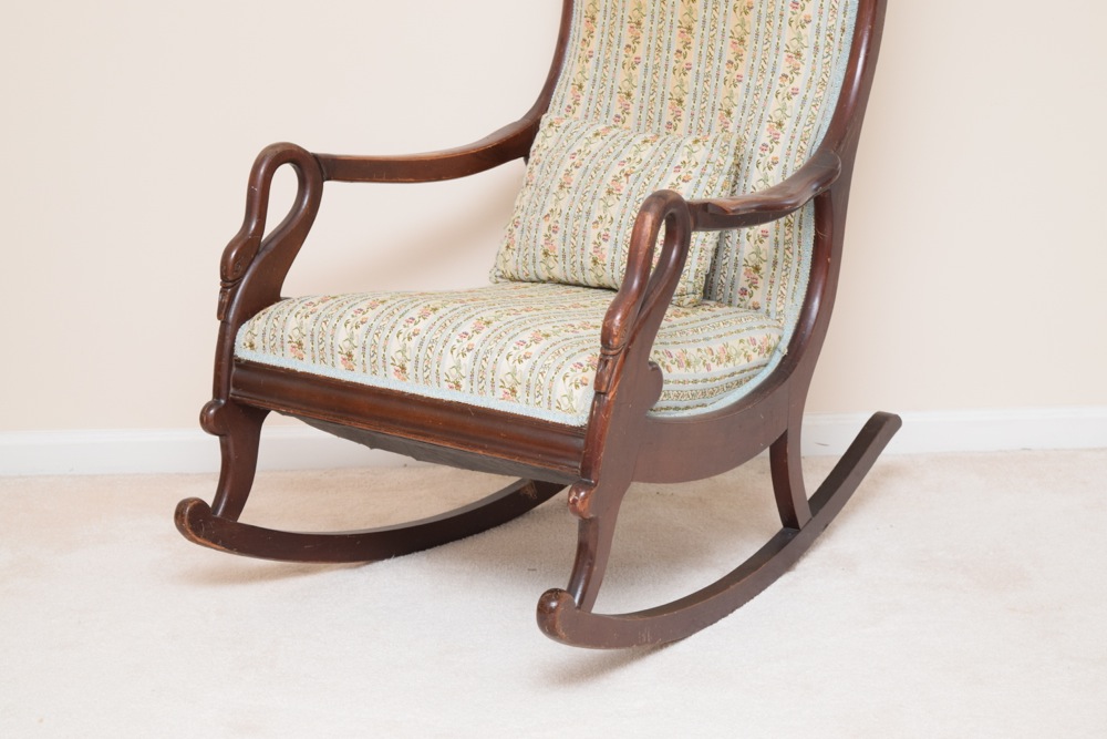 Antique Swan Neck Upholstered Rocking Chair