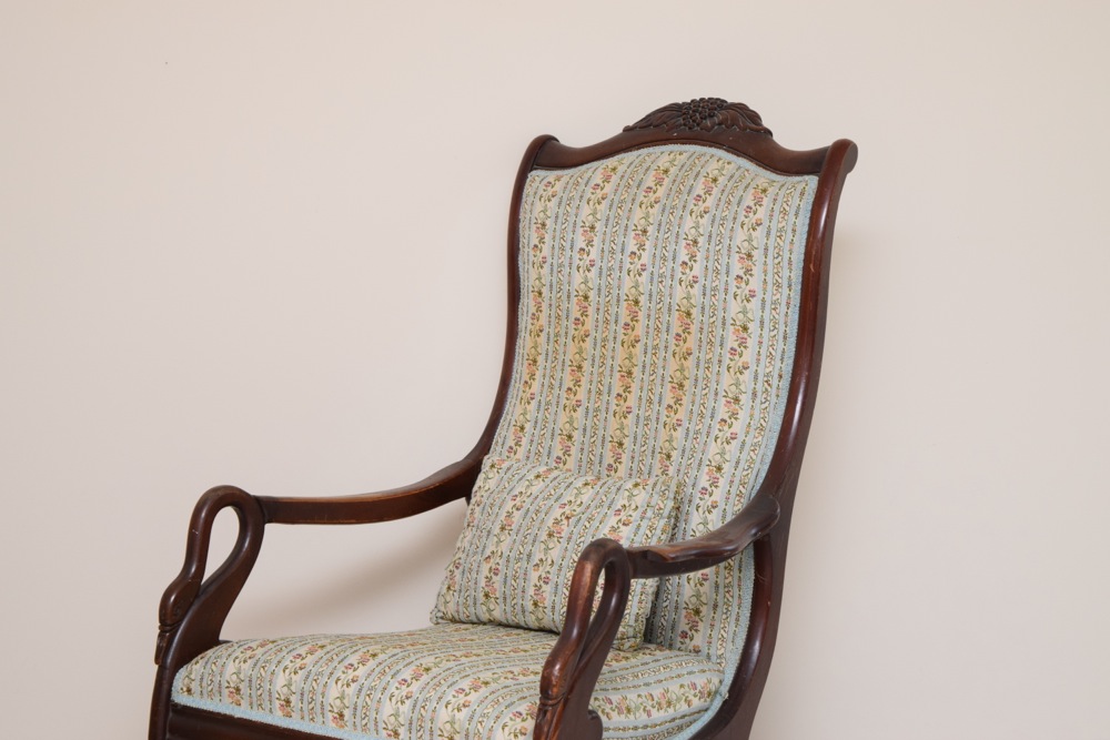 Antique Swan Neck Upholstered Rocking Chair