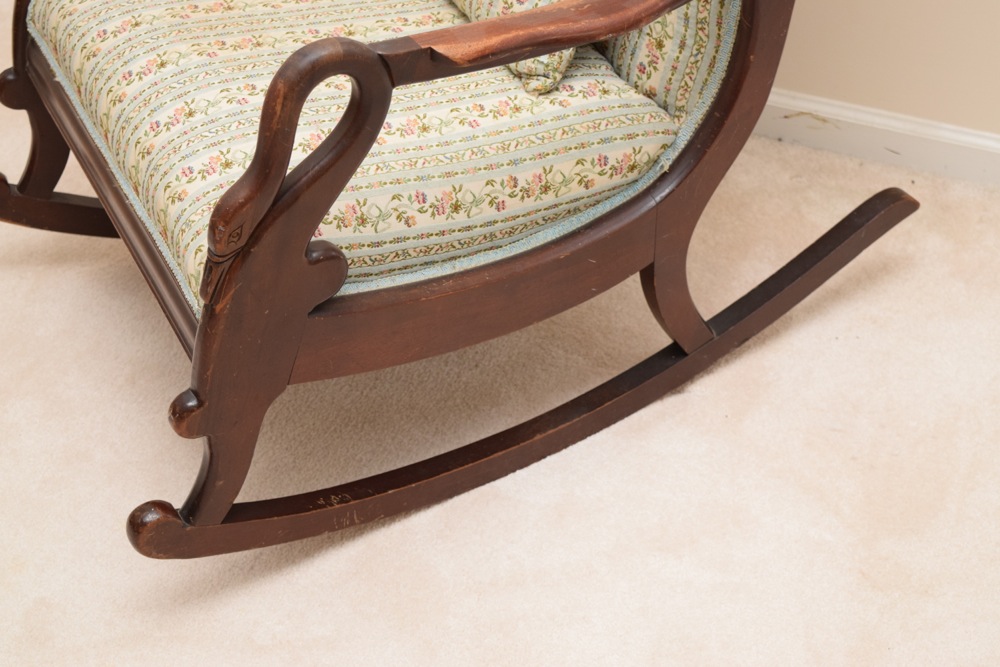 Antique Swan Neck Upholstered Rocking Chair