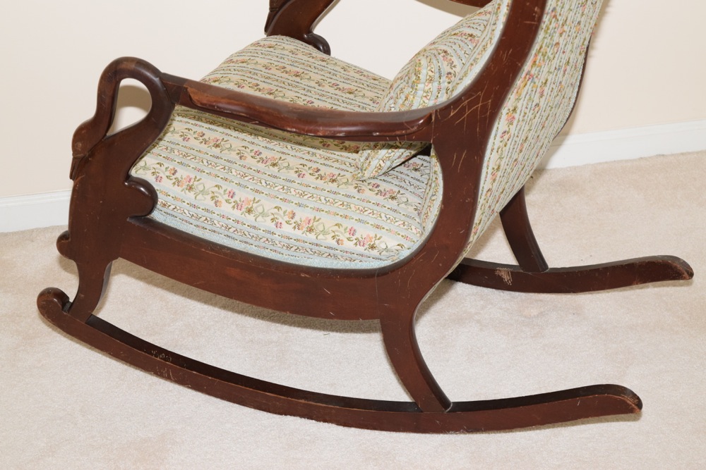 Antique Swan Neck Upholstered Rocking Chair