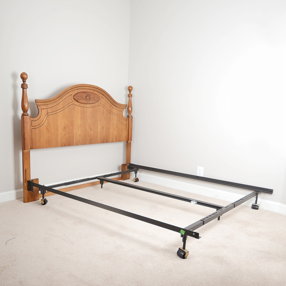 Traditional Style Queen Oak Headboard and Metal Frame