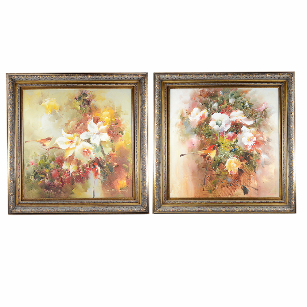 Pair of Original Floral Oil Paintings on Canvas