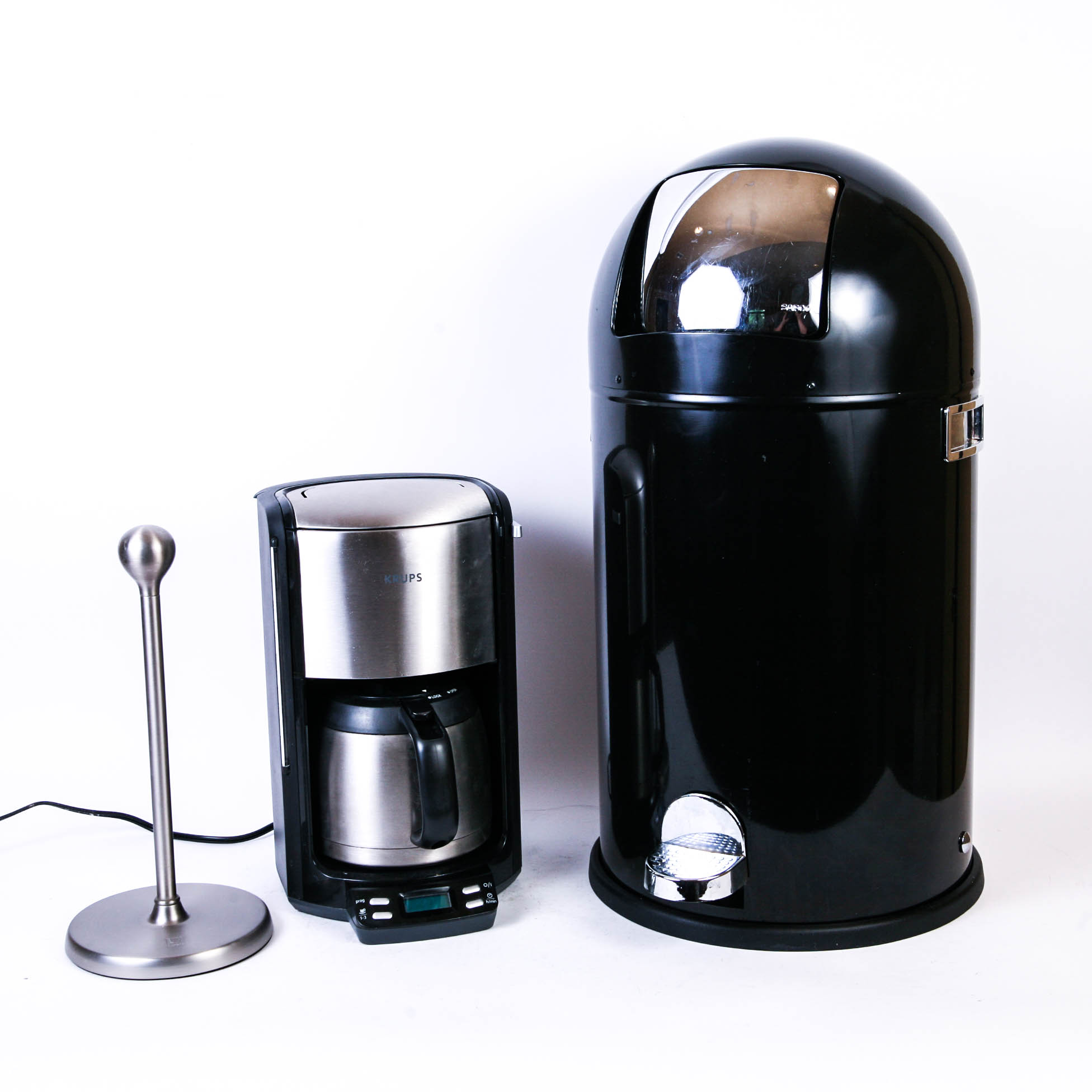 Assortment of Kitchen Items Including Safco Metal Trash Can and Krups Coffee Maker