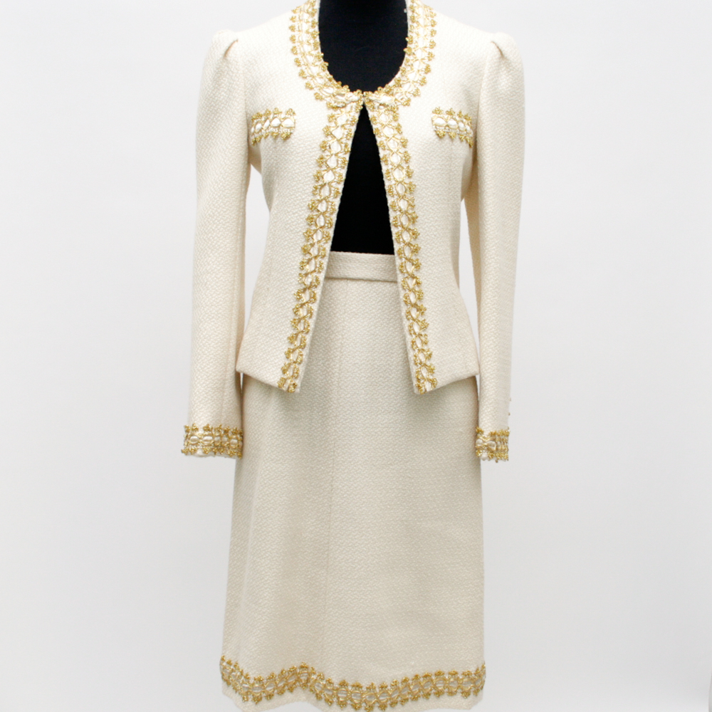 Vintage Chanel-Style Ivory and Gold Women's Skirt Suit