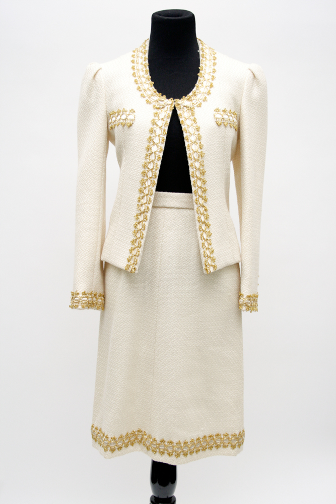 Vintage Chanel-Style Ivory and Gold Women's Skirt Suit