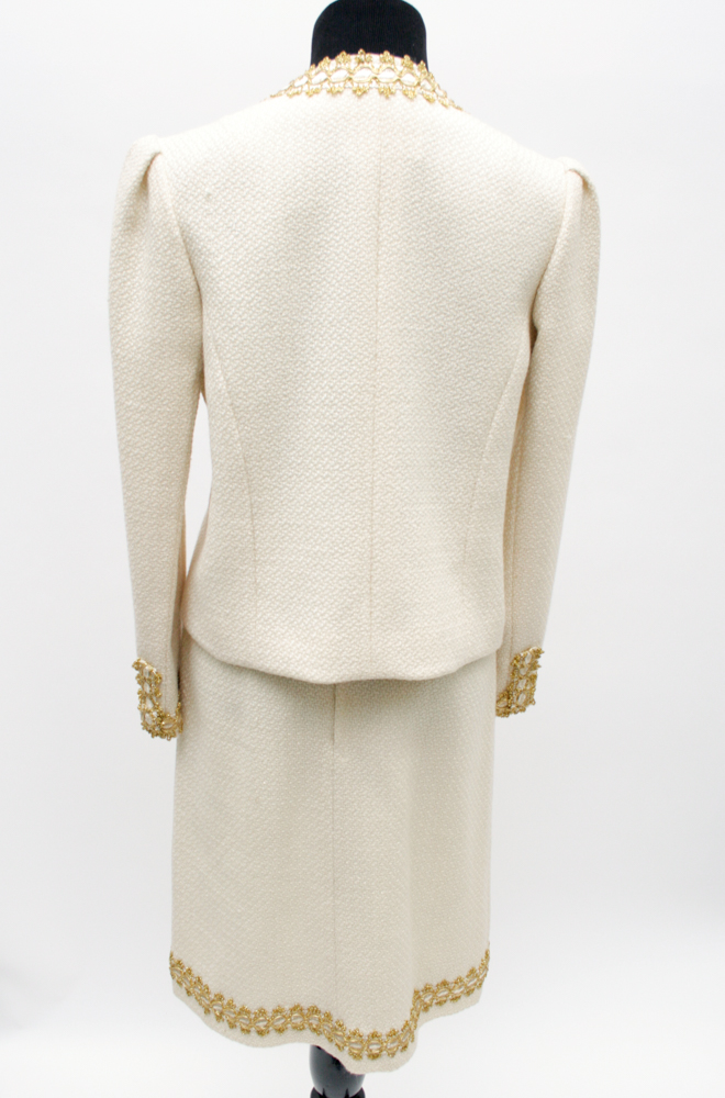 Vintage Chanel-Style Ivory and Gold Women's Skirt Suit