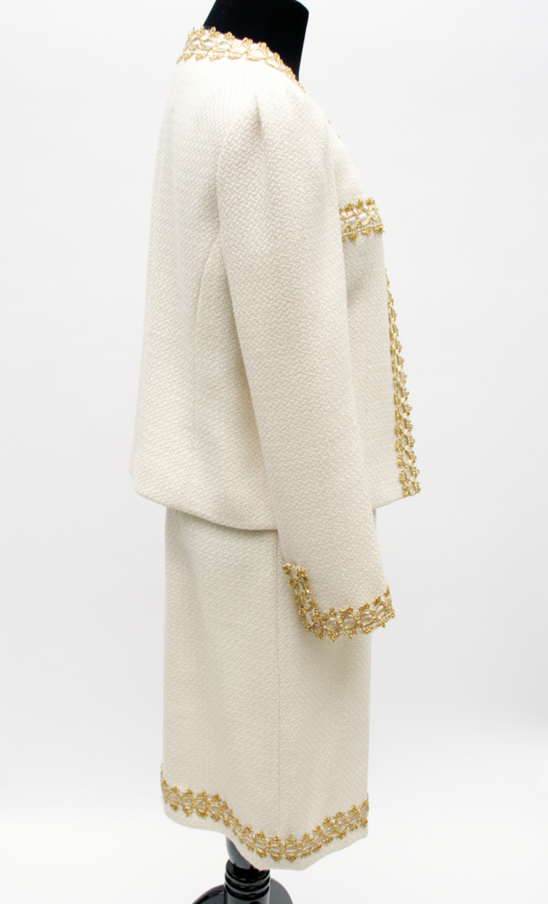 Vintage Chanel-Style Ivory and Gold Women's Skirt Suit