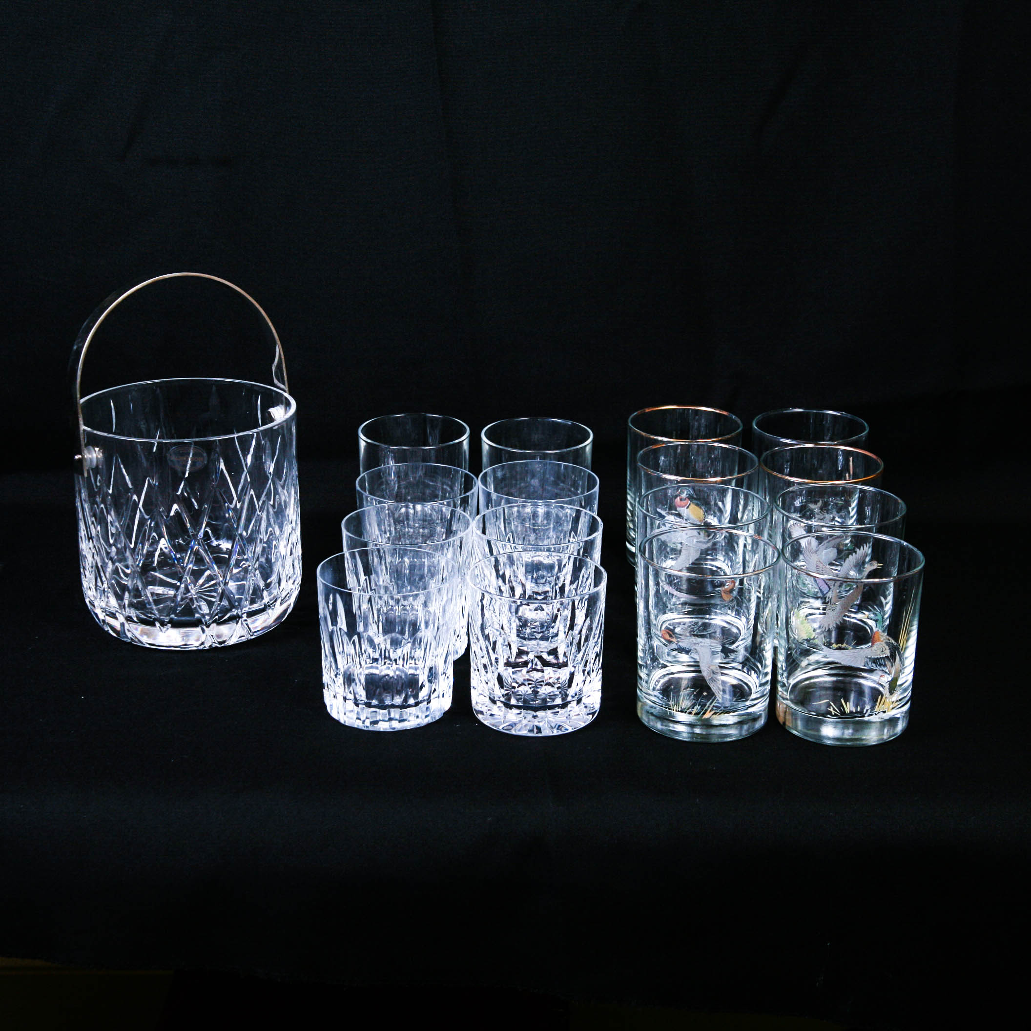 Glass Ice Bucket with Sixteen Whiskey Tumblers