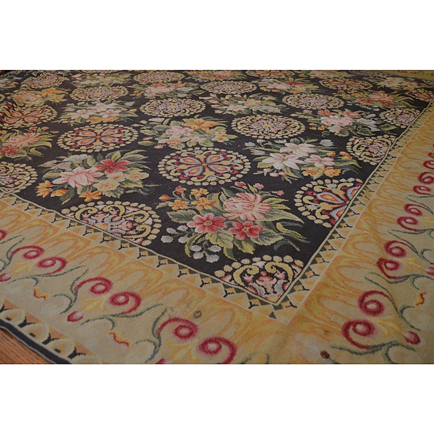 Vintage Handmade Floral Needlepoint Rug