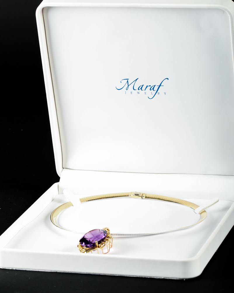 Maraf Jewelry 14k Yellow Gold Amethyst and Diamond Pendant Necklace
