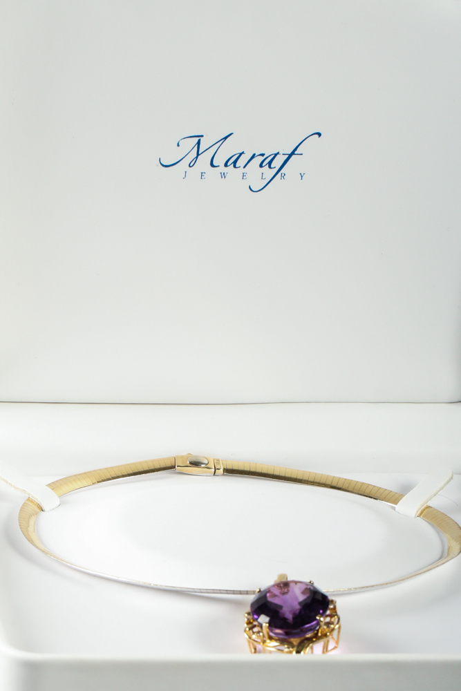 Maraf Jewelry 14k Yellow Gold Amethyst and Diamond Pendant Necklace