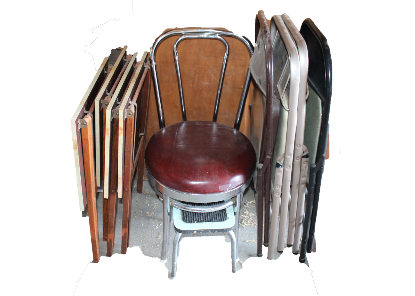 4 Folding Chairs, 4 Retro Folding Wooden TV Tables, 1 Vintage Chair, 1 Vintage Foot Stool