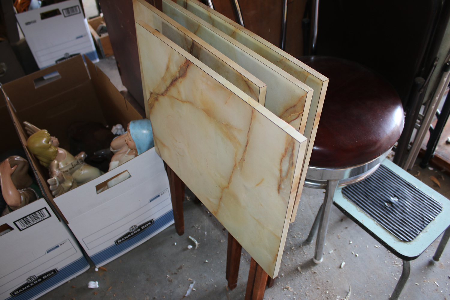 4 Folding Chairs, 4 Retro Folding Wooden TV Tables, 1 Vintage Chair, 1 Vintage Foot Stool