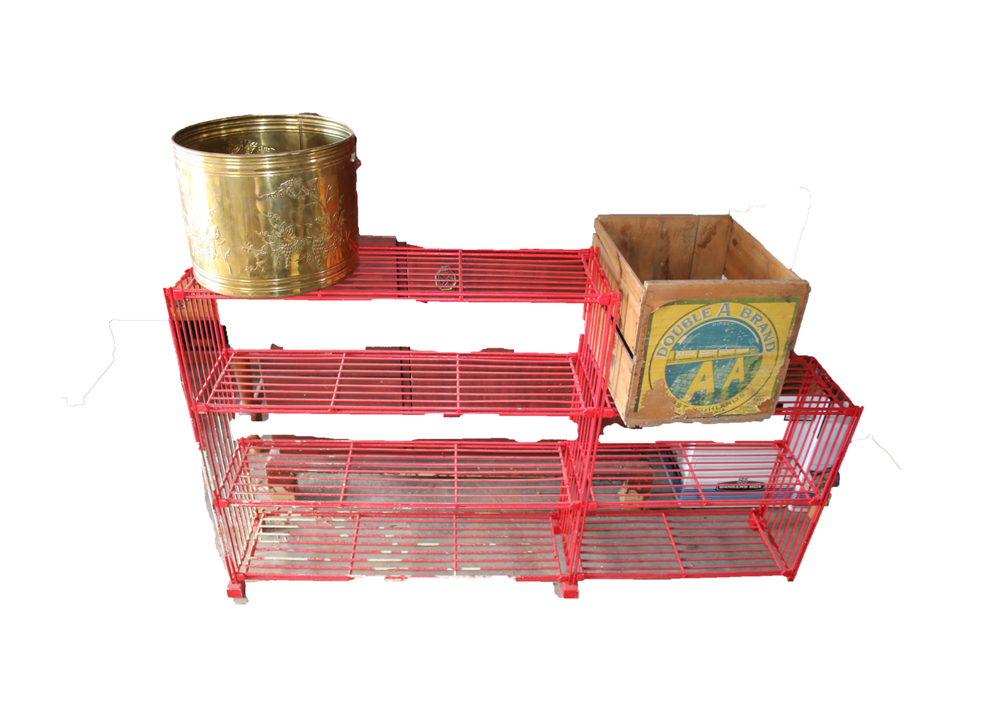 Red Shelf, Vintage Wood Case, Brass Decorative Can
