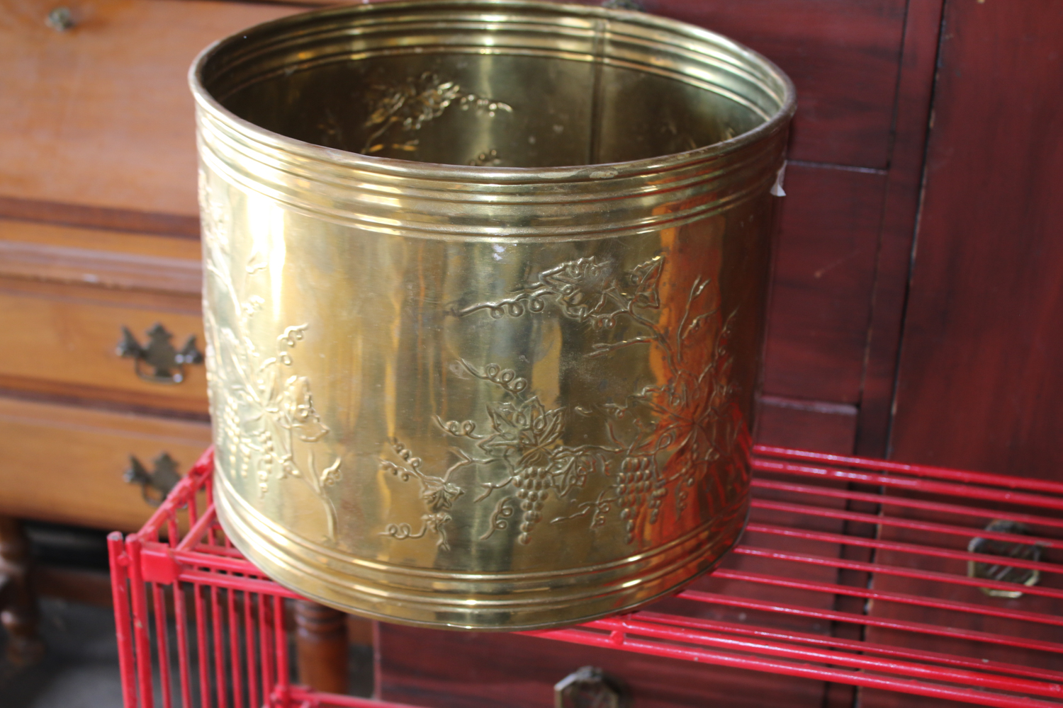 Red Shelf, Vintage Wood Case, Brass Decorative Can