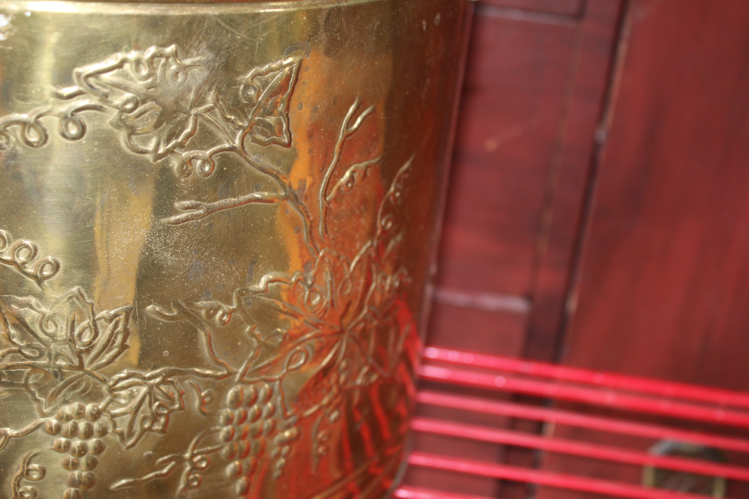 Red Shelf, Vintage Wood Case, Brass Decorative Can