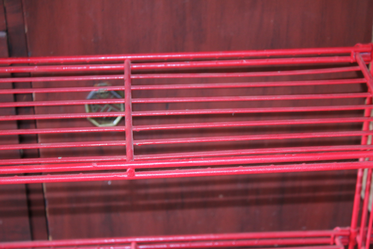 Red Shelf, Vintage Wood Case, Brass Decorative Can