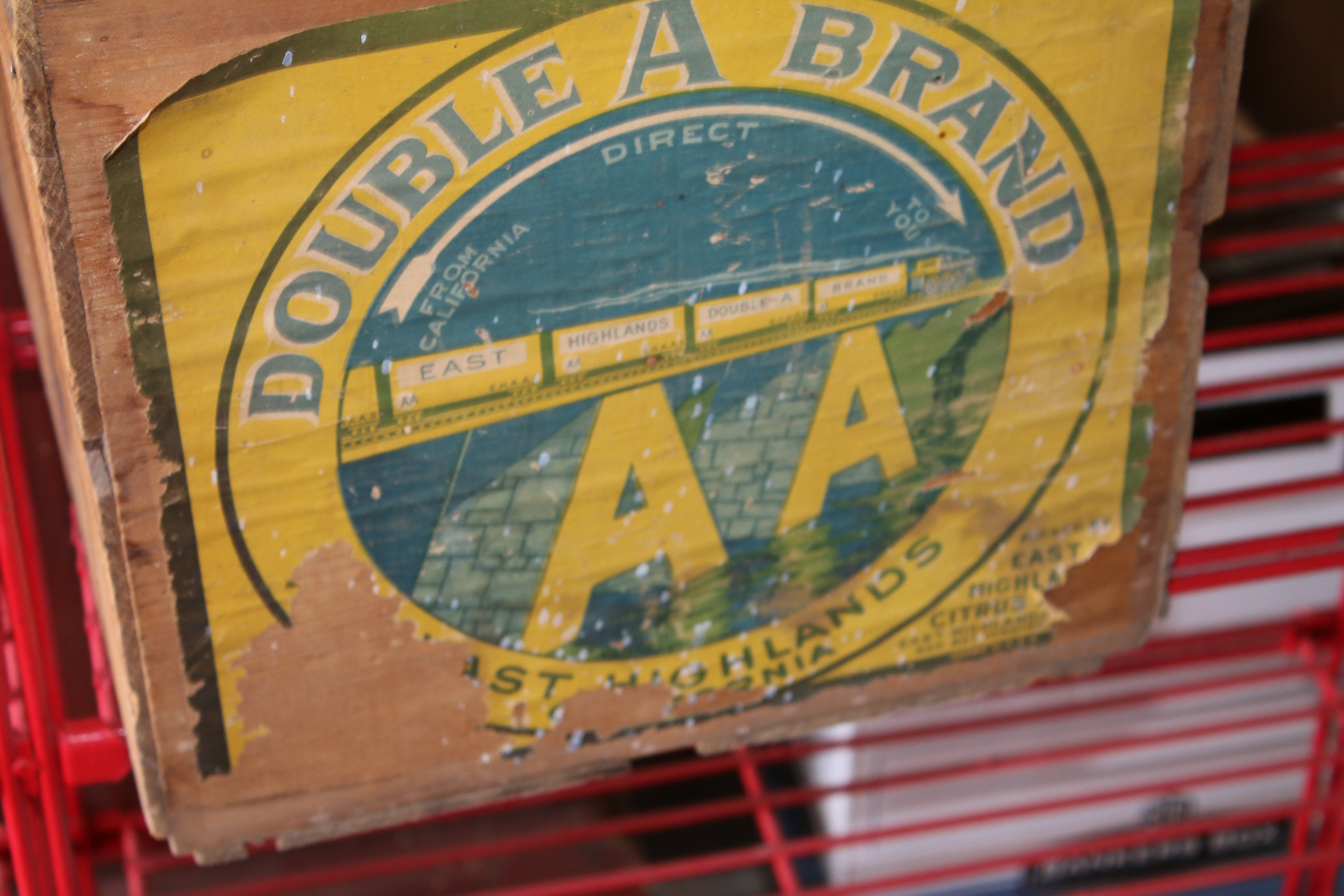 Red Shelf, Vintage Wood Case, Brass Decorative Can