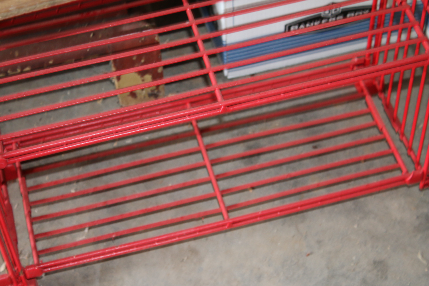 Red Shelf, Vintage Wood Case, Brass Decorative Can
