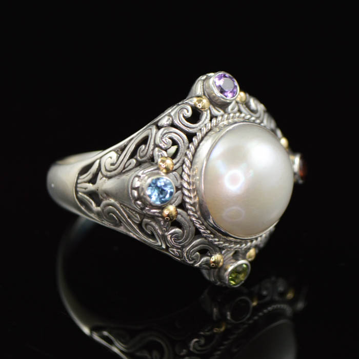 Robert Manse Sterling Silver 18K Gold Pearl and Semi-Precious Gemstone Ring