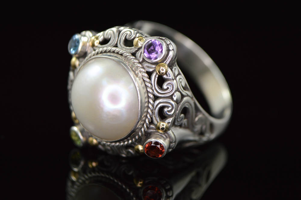 Robert Manse Sterling Silver 18K Gold Pearl and Semi-Precious Gemstone Ring