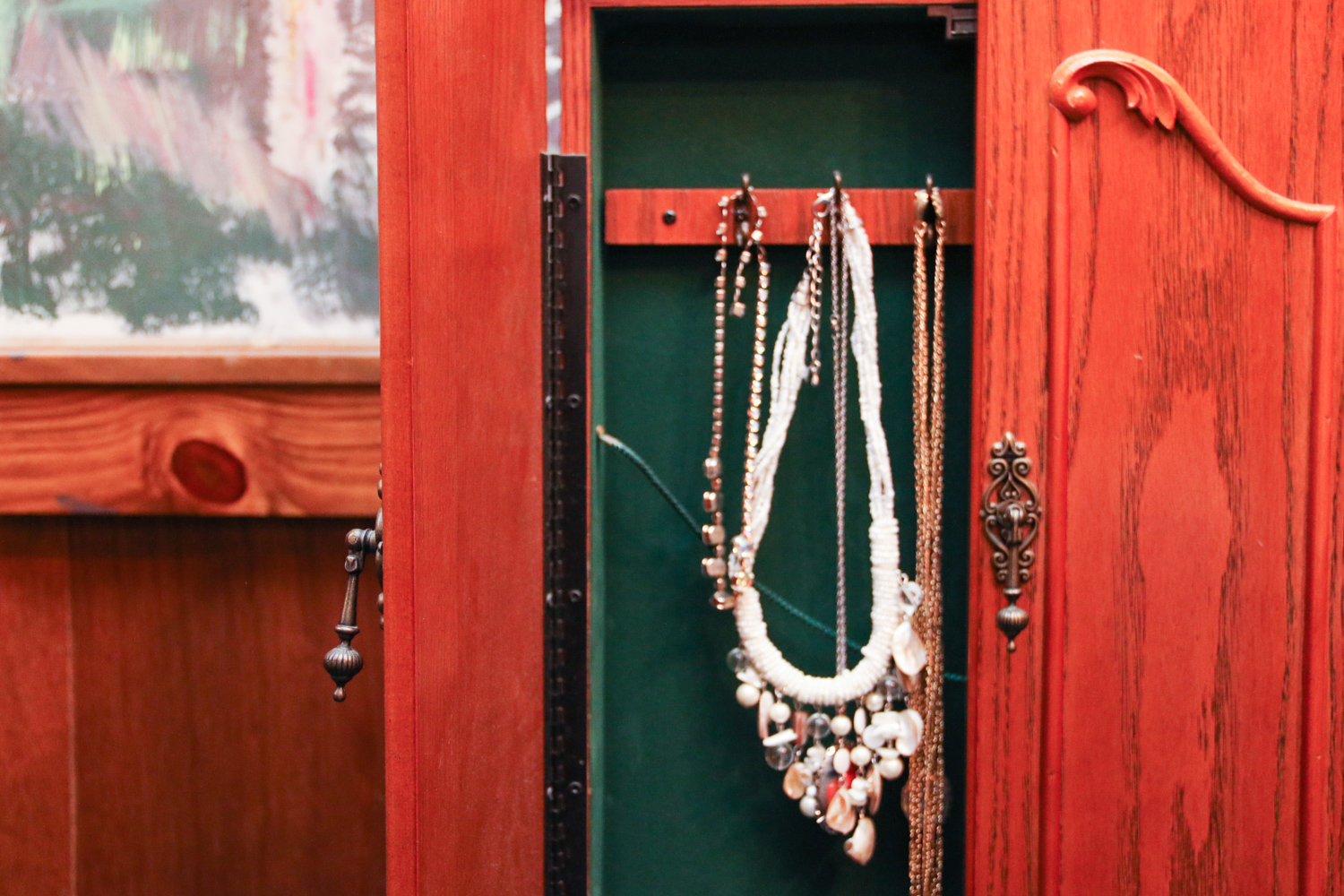 Oak Jewelry Cabinet and Fashion Jewelry