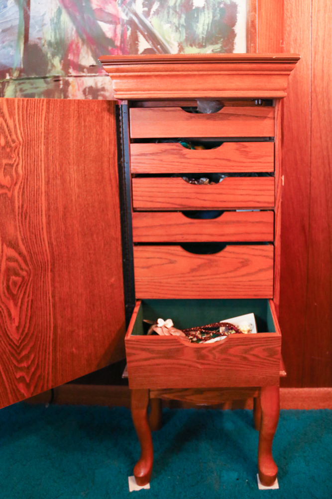 Oak Jewelry Cabinet and Fashion Jewelry