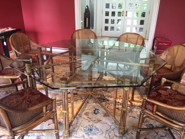 McGuire Octagonal Bamboo Dining Table with Beveled Glass Top
