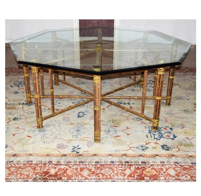 McGuire Octagonal Bamboo Dining Table with Beveled Glass Top