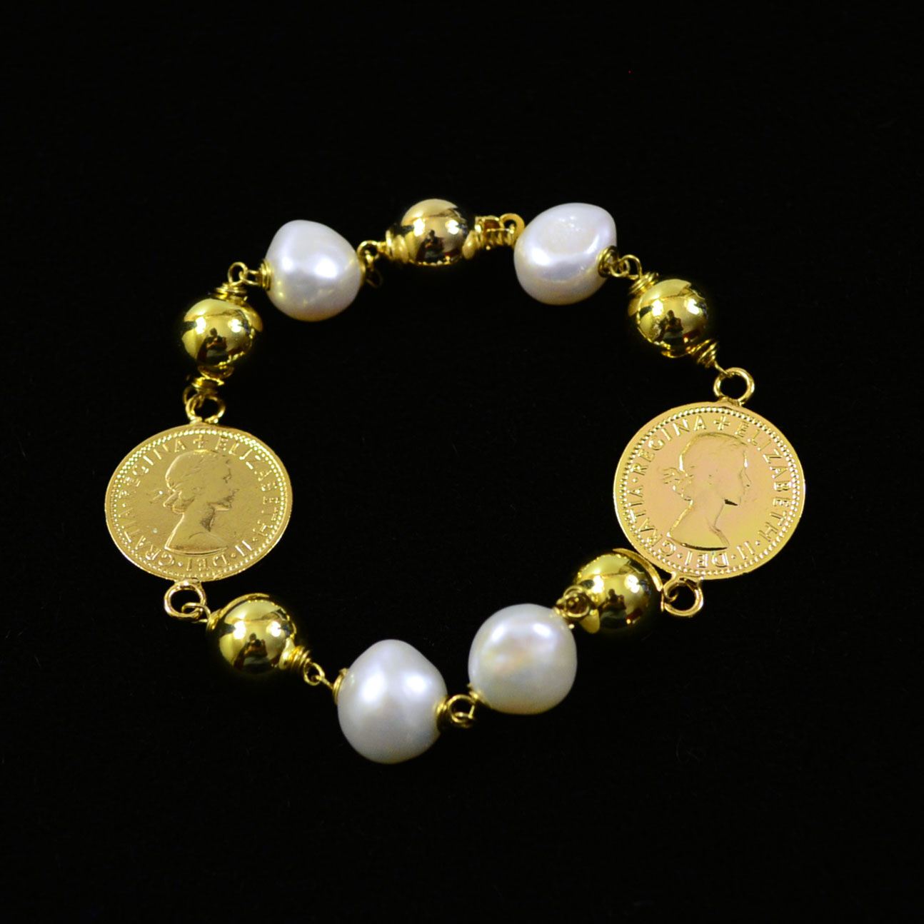 Gilded Sterling Silver Coin and Pearl Bracelet