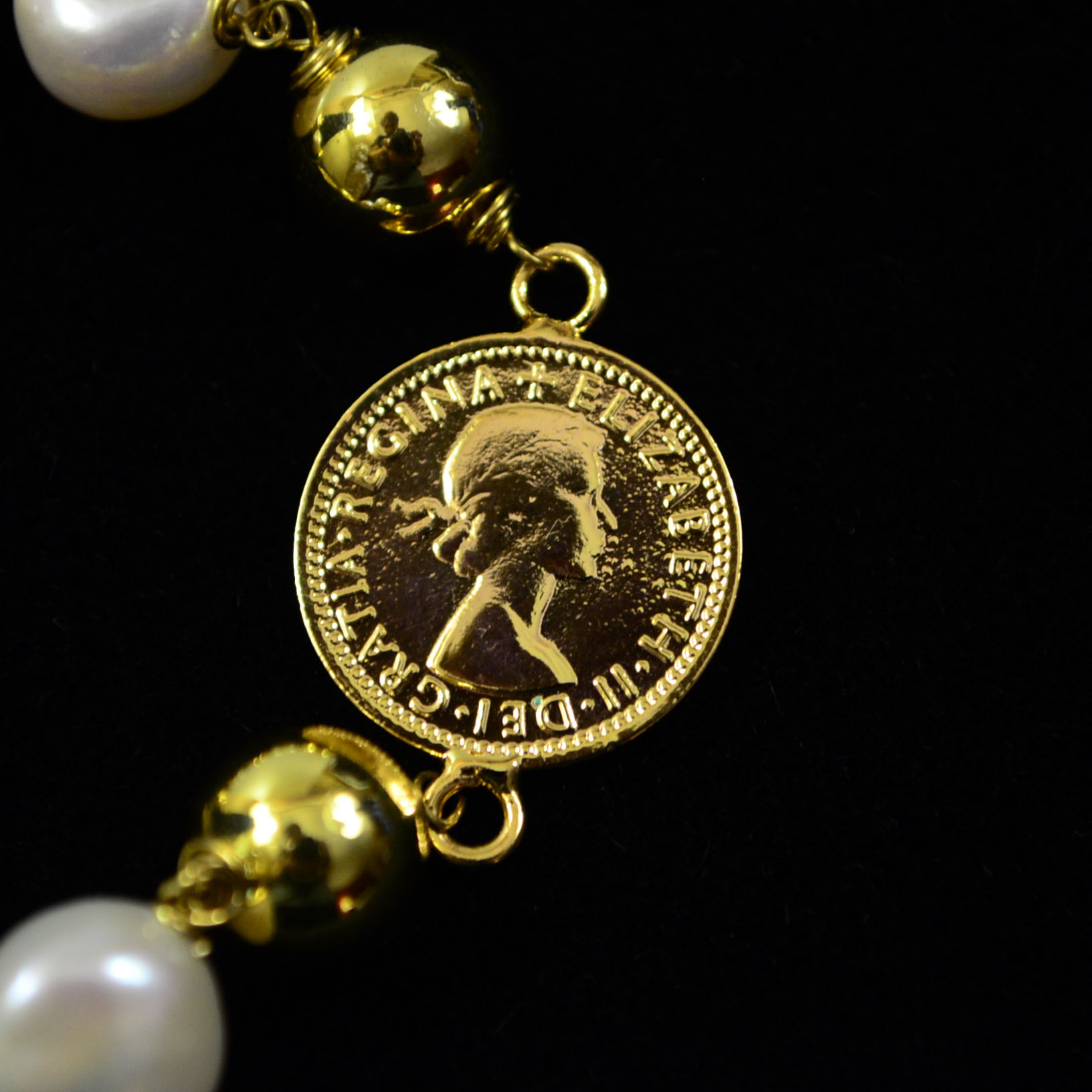 Gilded Sterling Silver Coin and Pearl Bracelet